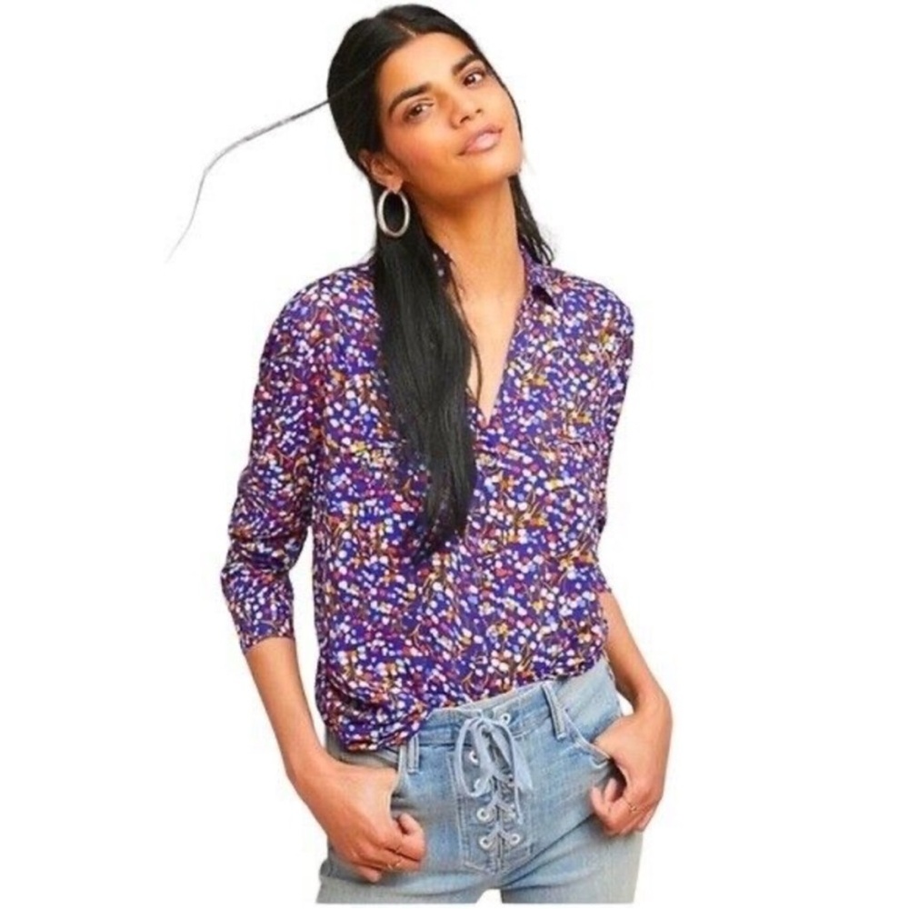 Conversations Anthropologie Womens Shirt Button Up Blue Floral Colorful Size 10